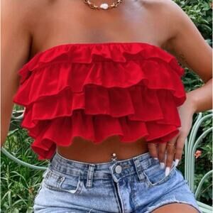 SHEIN Petite Ruffle Red Layered Tube Halter Top Small